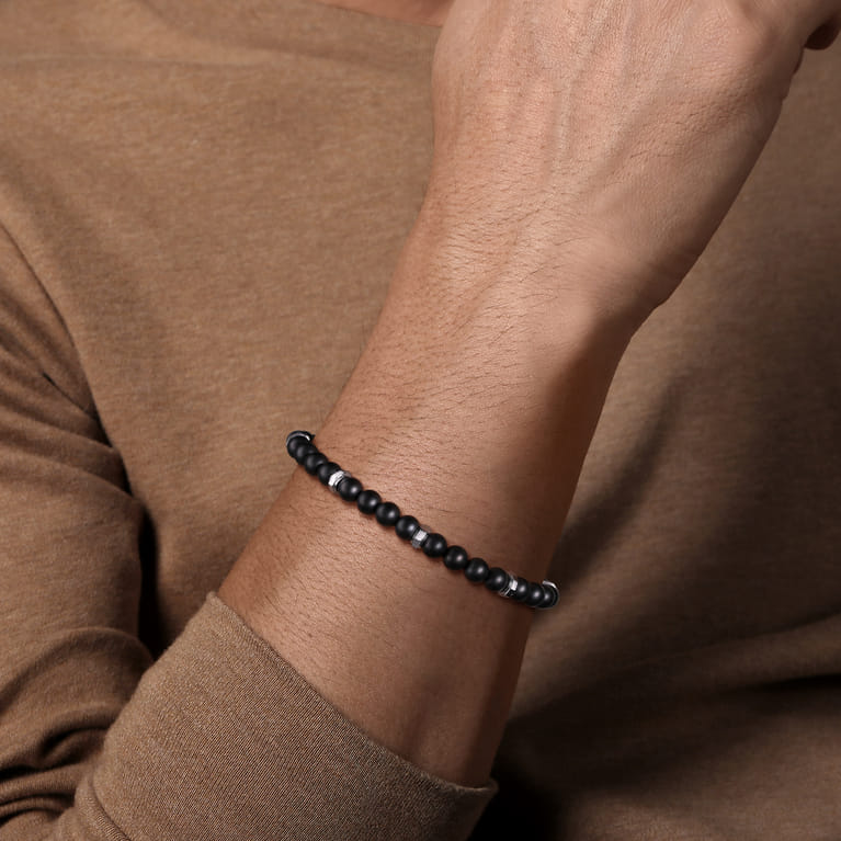 925 Sterling Silver Black Titanium Beaded Bracelet 6mm - Shot 3