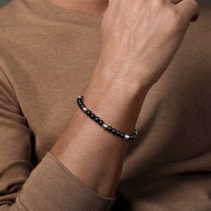 925 Sterling Silver Black Titanium Beaded Bracelet 6mm