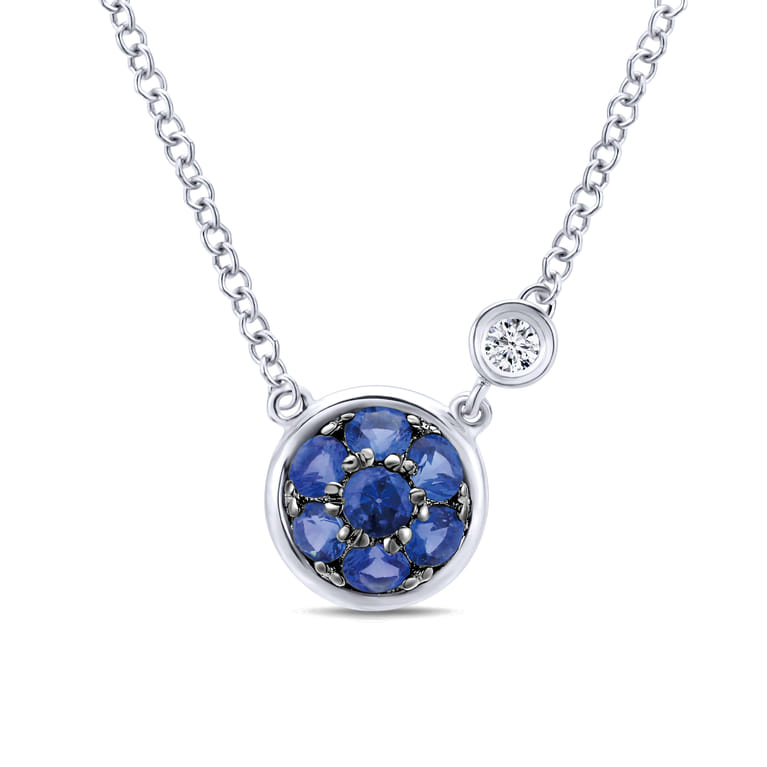925 Sterling Silver Blue Sapphire Cluster And Diamond Pendant Necklace - 0.02 ct - Shot 1