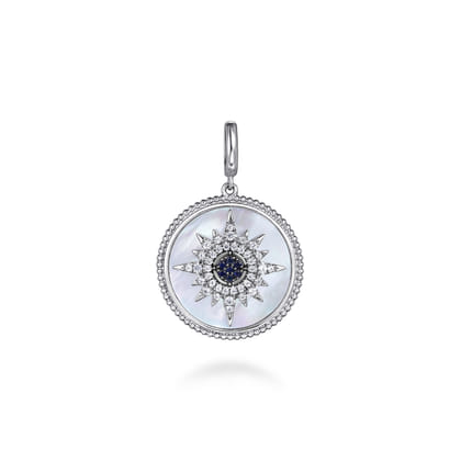 925 Sterling Silver Blue Sapphire and White Sapphire Medallion Pendant 24mm-Bujukan