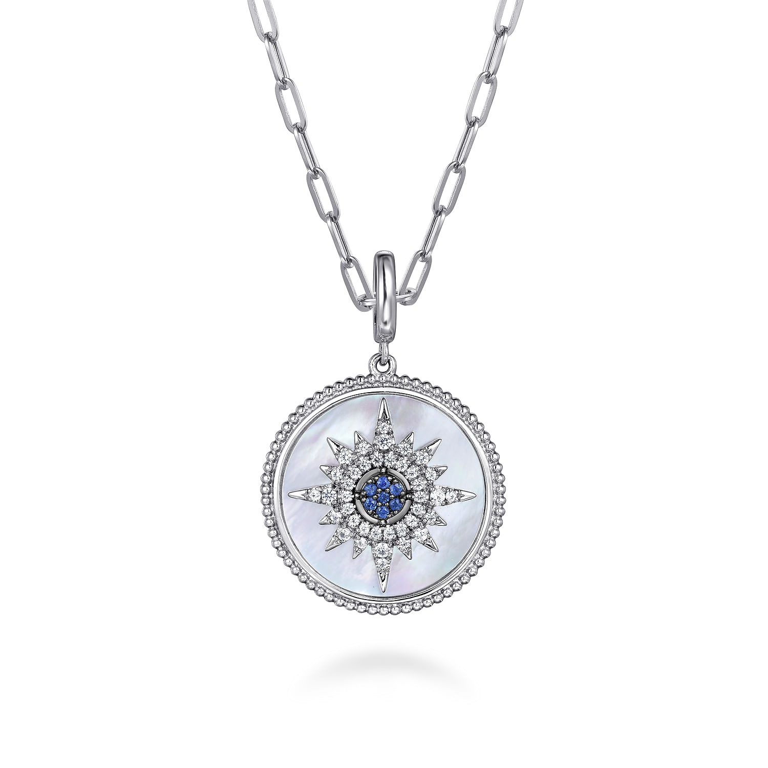 925 Sterling Silver Blue Sapphire and White Sapphire Medallion Pendant 24mm-Bujukan