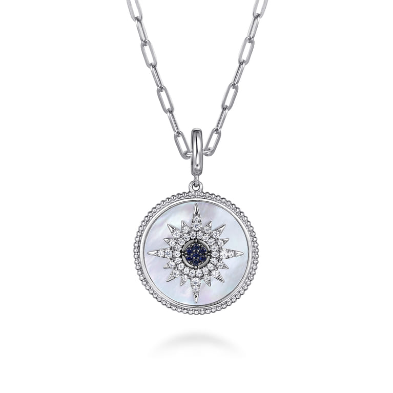 925 Sterling Silver Blue Sapphire and White Sapphire Medallion Pendant 24mm-Bujukan - Shot 3