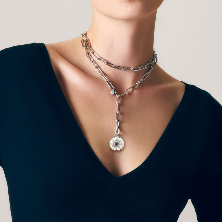 925 Sterling Silver Blue Sapphire and White Sapphire Medallion Pendant 24mm-Bujukan - Shot 5