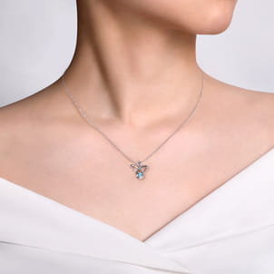 925 Sterling Silver Blue Topaz Angel Pendant Necklace