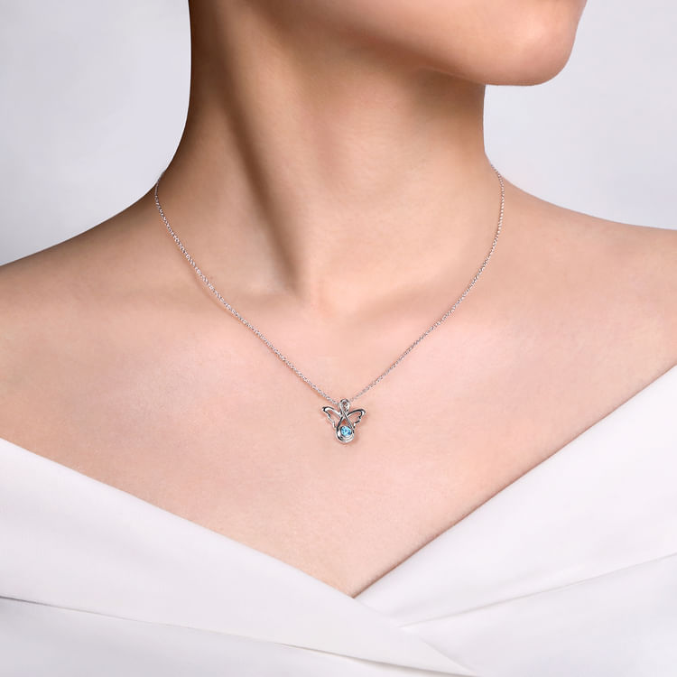 925 Sterling Silver Blue Topaz Angel Pendant Necklace