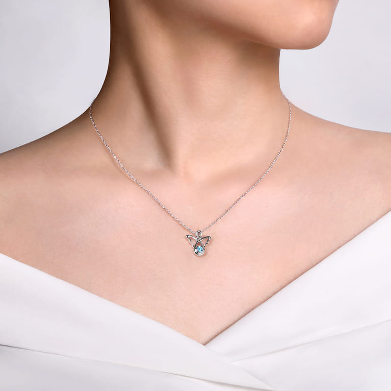 925 Sterling Silver Blue Topaz Angel Pendant Necklace - Shot 3