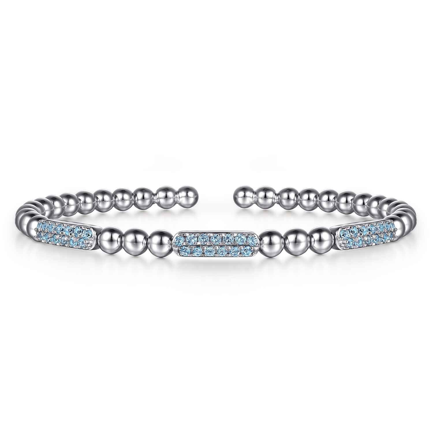 925 Sterling Silver Blue Topaz Pave Three Station Bar Bujukan Beads Split Bangle Bracelet