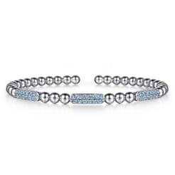 925 Sterling Silver Blue Topaz Pave Three Station Bar Bujukan Beads Split Bangle Bracelet