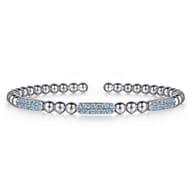 925 Sterling Silver Blue Topaz Pave Three Station Bar Bujukan Beads Split Bangle Bracelet