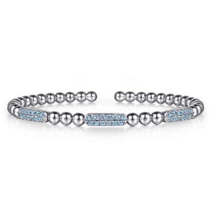 925 Sterling Silver Blue Topaz Pave Three Station Bar Bujukan Beads Split Bangle Bracelet