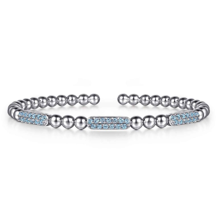 925 Sterling Silver Blue Topaz Pave Three Station Bar Bujukan Beads Split Bangle Bracelet - Shot 1