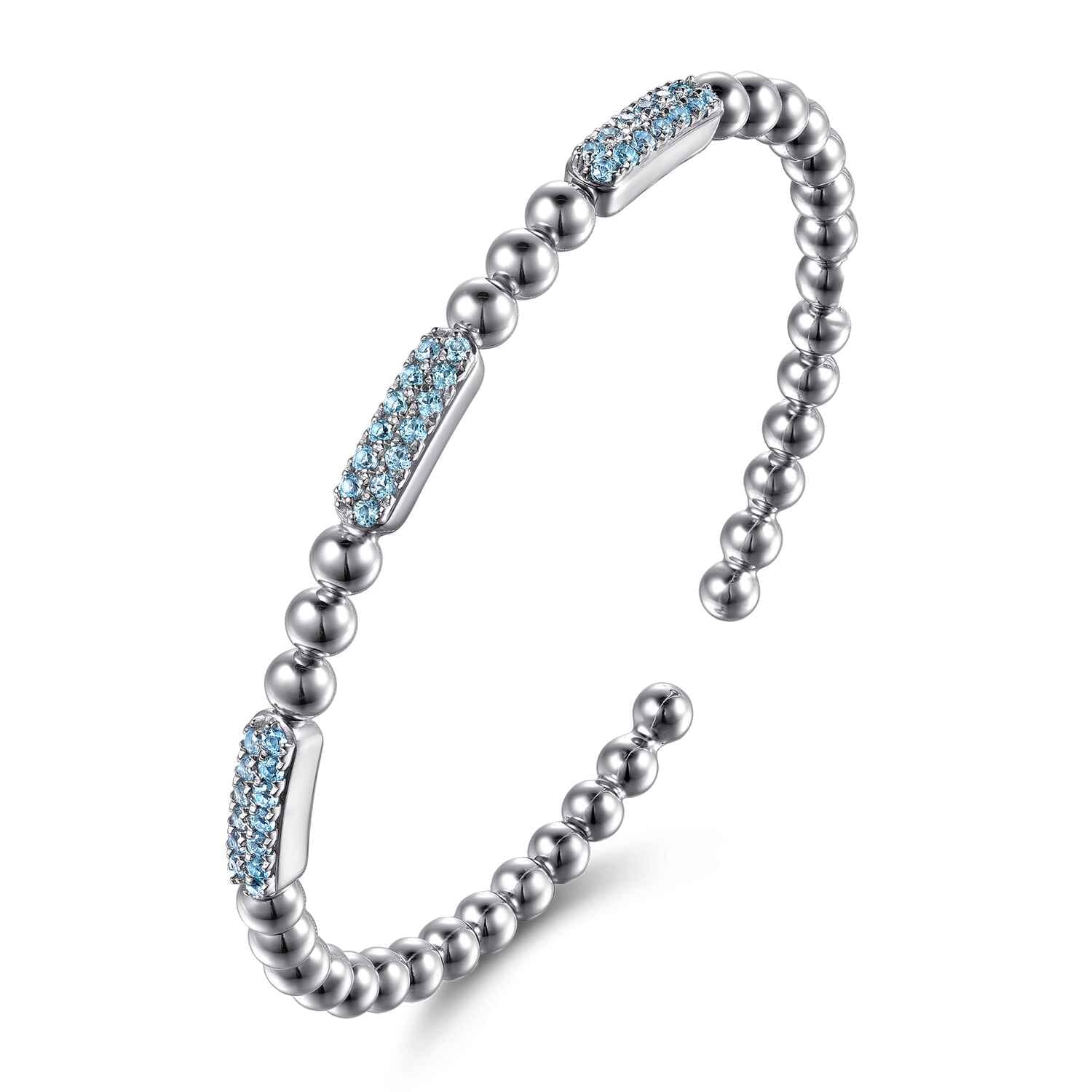 925 Sterling Silver Blue Topaz Pave Three Station Bar Bujukan Beads Split Bangle Bracelet