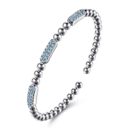 925 Sterling Silver Blue Topaz Pave Three Station Bar Bujukan Beads Split Bangle Bracelet