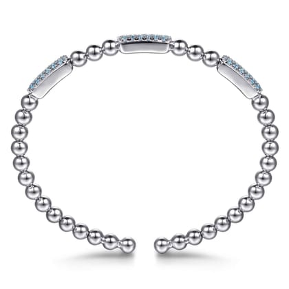 925 Sterling Silver Blue Topaz Pave Three Station Bar Bujukan Beads Split Bangle Bracelet