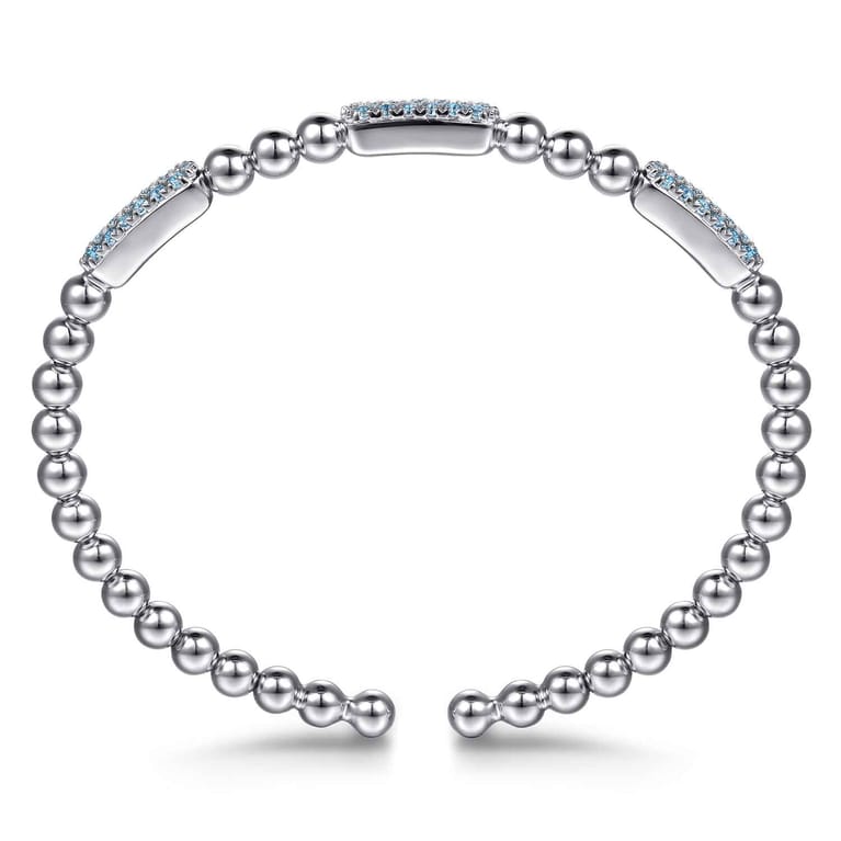 925 Sterling Silver Blue Topaz Pave Three Station Bar Bujukan Beads Split Bangle Bracelet - Shot 3