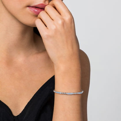 925 Sterling Silver Blue Topaz Pave Three Station Bar Bujukan Beads Split Bangle Bracelet