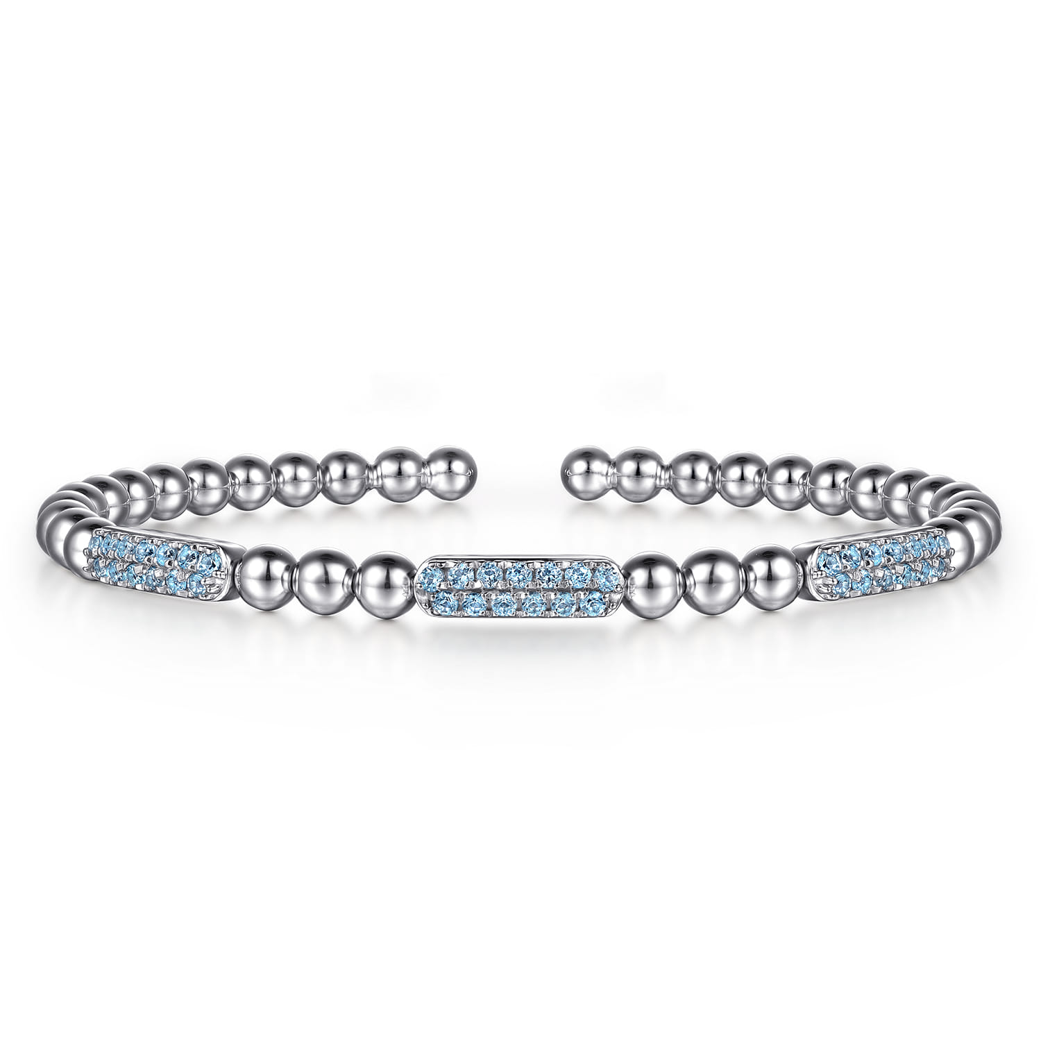 925 Sterling Silver Blue Topaz Pave Three Station Bar Bujukan Beads Split Bangle Bracelet - Shot 1