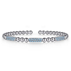 925 Sterling Silver Blue Topaz Pave Three Station Bar Bujukan Beads Split Bangle Bracelet