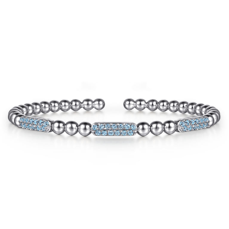 925 Sterling Silver Blue Topaz Pave Three Station Bar Bujukan Beads Split Bangle Bracelet - Shot 1