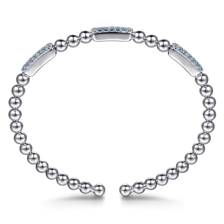 925 Sterling Silver Blue Topaz Pave Three Station Bar Bujukan Beads Split Bangle Bracelet - Shot 3