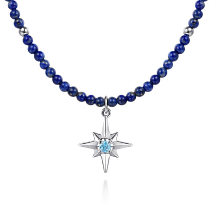 925 Sterling Silver Blue Topaz Starburst and Lapis Bead Pendant Necklace