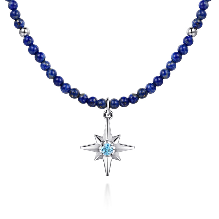 925 Sterling Silver Blue Topaz Starburst and Lapis Bead Pendant Necklace - Shot 1
