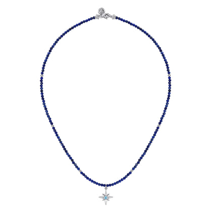 925 Sterling Silver Blue Topaz Starburst and Lapis Bead Pendant Necklace