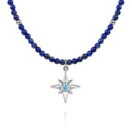 925 Sterling Silver Blue Topaz Starburst and Lapis Bead Pendant Necklace
