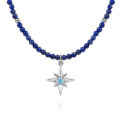 925 Sterling Silver Blue Topaz Starburst and Lapis Bead Pendant Necklace