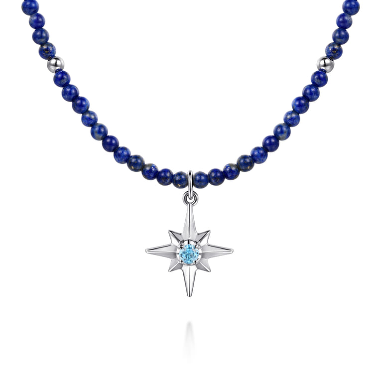 925 Sterling Silver Blue Topaz Starburst and Lapis Bead Pendant Necklace - Shot 1