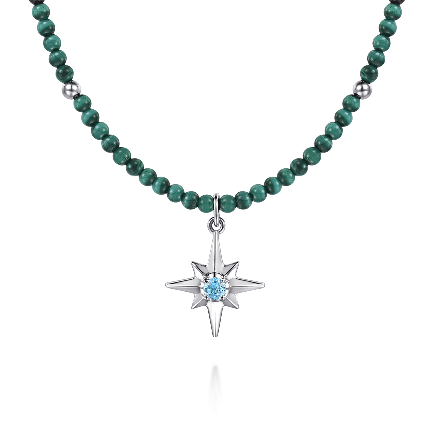 925 Sterling Silver Blue Topaz Starburst and Malachite Bead Pendant Necklace - Shot 1