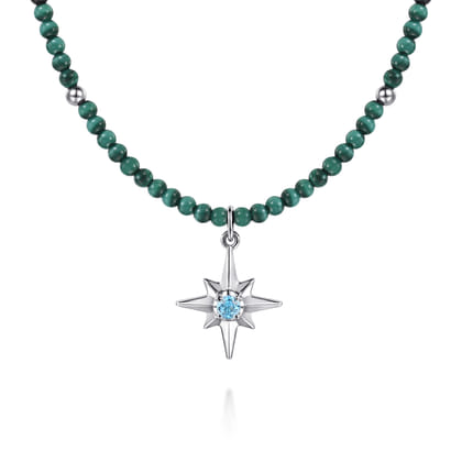 925 Sterling Silver Blue Topaz Starburst and Malachite Bead Pendant Necklace
