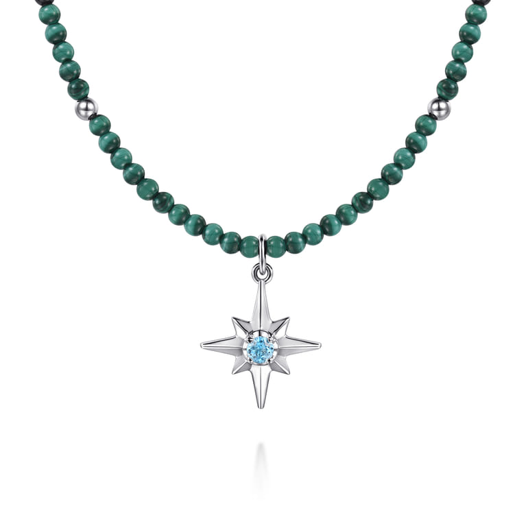 925 Sterling Silver Blue Topaz Starburst and Malachite Bead Pendant Necklace - Shot 1