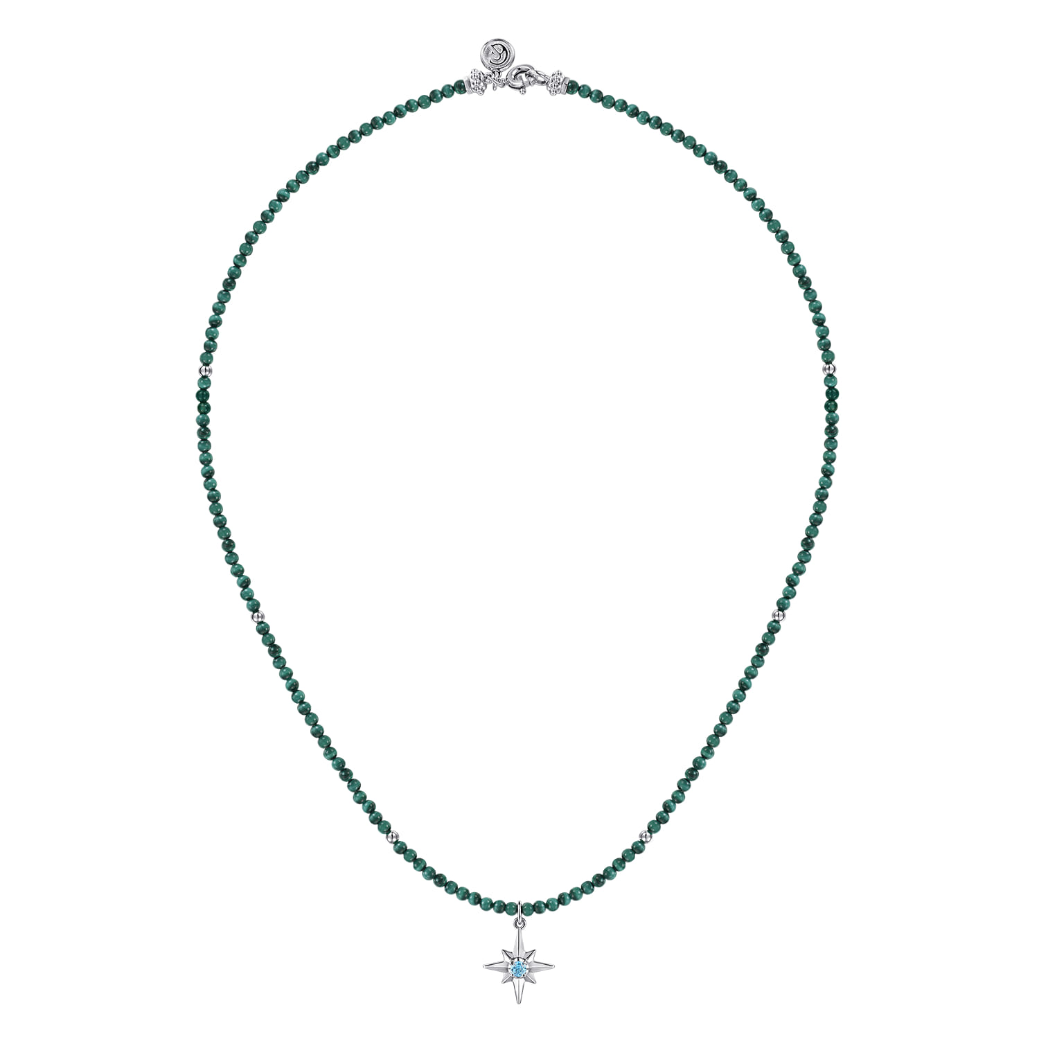 925 Sterling Silver Blue Topaz Starburst and Malachite Bead Pendant Necklace - Shot 2