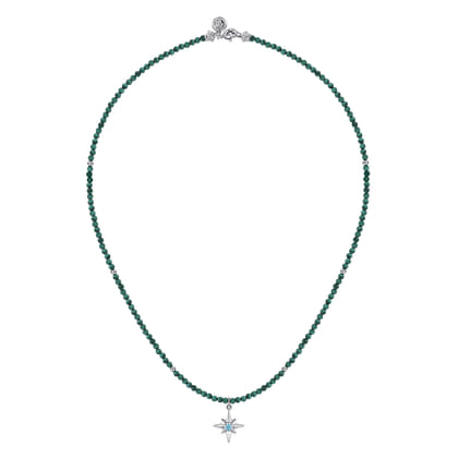 925 Sterling Silver Blue Topaz Starburst and Malachite Bead Pendant Necklace