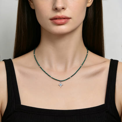 925 Sterling Silver Blue Topaz Starburst and Malachite Bead Pendant Necklace