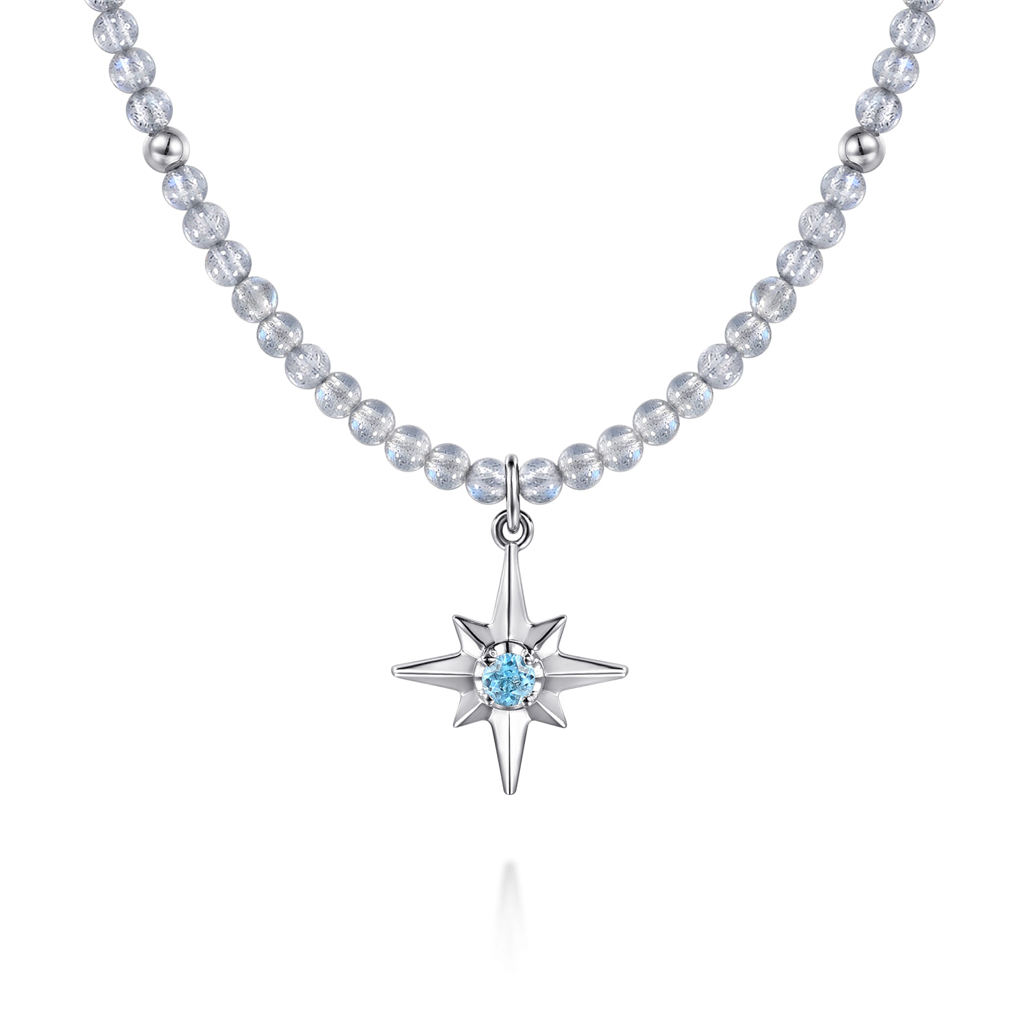 925 Sterling Silver Blue Topaz Starburst and Moon Stone Bead Pendant Necklace - Shot 1