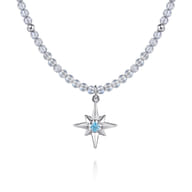 925 Sterling Silver Blue Topaz Starburst and Moon Stone Bead Pendant Necklace