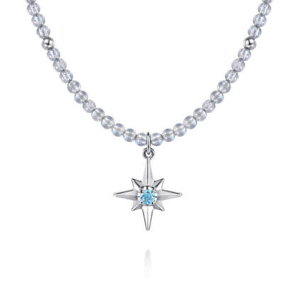 925 Sterling Silver Blue Topaz Starburst and Moon Stone Bead Pendant Necklace