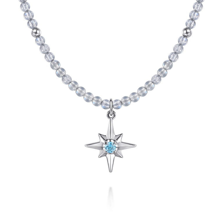 925 Sterling Silver Blue Topaz Starburst and Moon Stone Bead Pendant Necklace - Shot 1