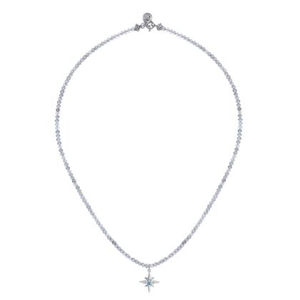 925 Sterling Silver Blue Topaz Starburst and Moon Stone Bead Pendant Necklace