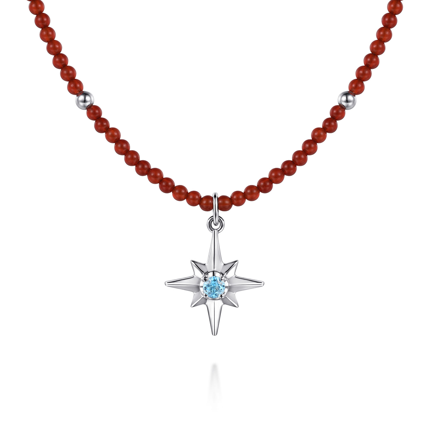 925 Sterling Silver Blue Topaz Starburst and Red Agate Bead Pendant Necklace - Shot 1