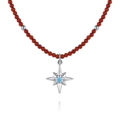 925 Sterling Silver Blue Topaz Starburst and Red Agate Bead Pendant Necklace