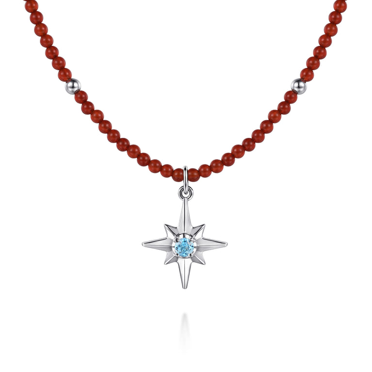 925 Sterling Silver Blue Topaz Starburst and Red Agate Bead Pendant Necklace - Shot 1