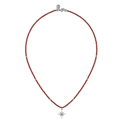 925 Sterling Silver Blue Topaz Starburst and Red Agate Bead Pendant Necklace