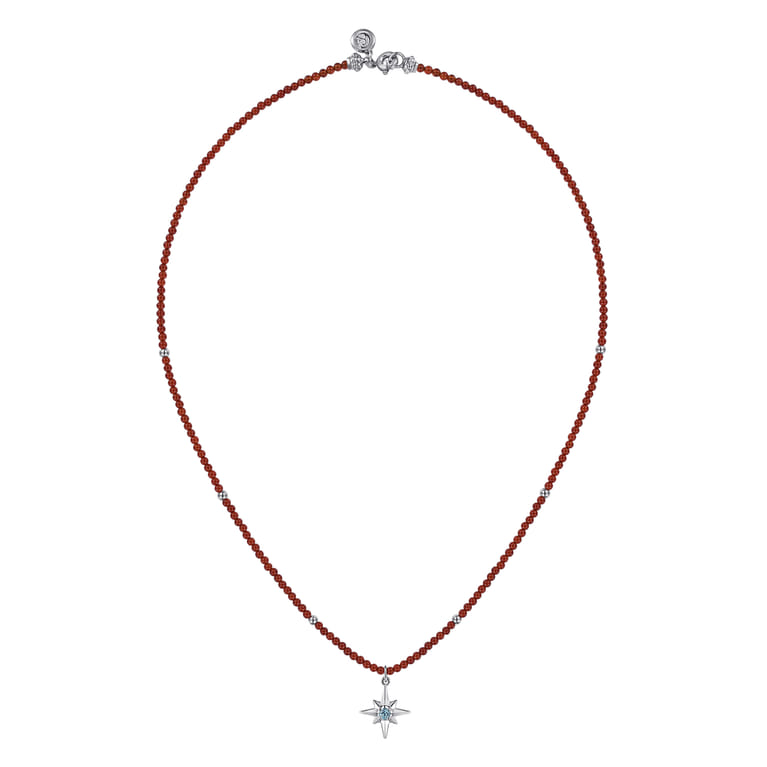 925 Sterling Silver Blue Topaz Starburst and Red Agate Bead Pendant Necklace - Shot 2