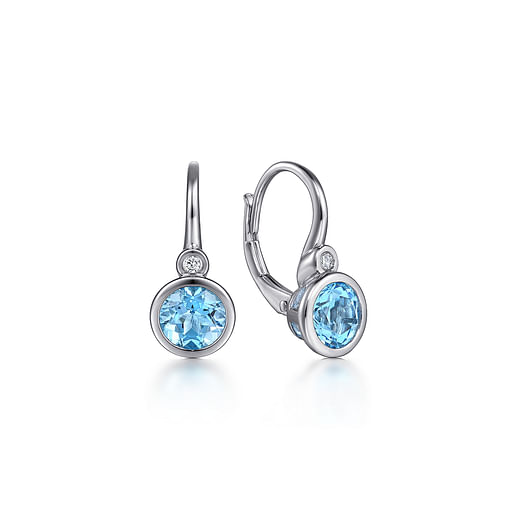 Sterling Silver Blue Topaz and Diamond Leverback Earrings