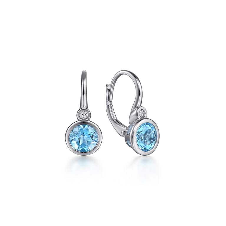 925 Sterling Silver Blue Topaz and Diamond Leverback Earrings - 0.04 ct - Shot 1