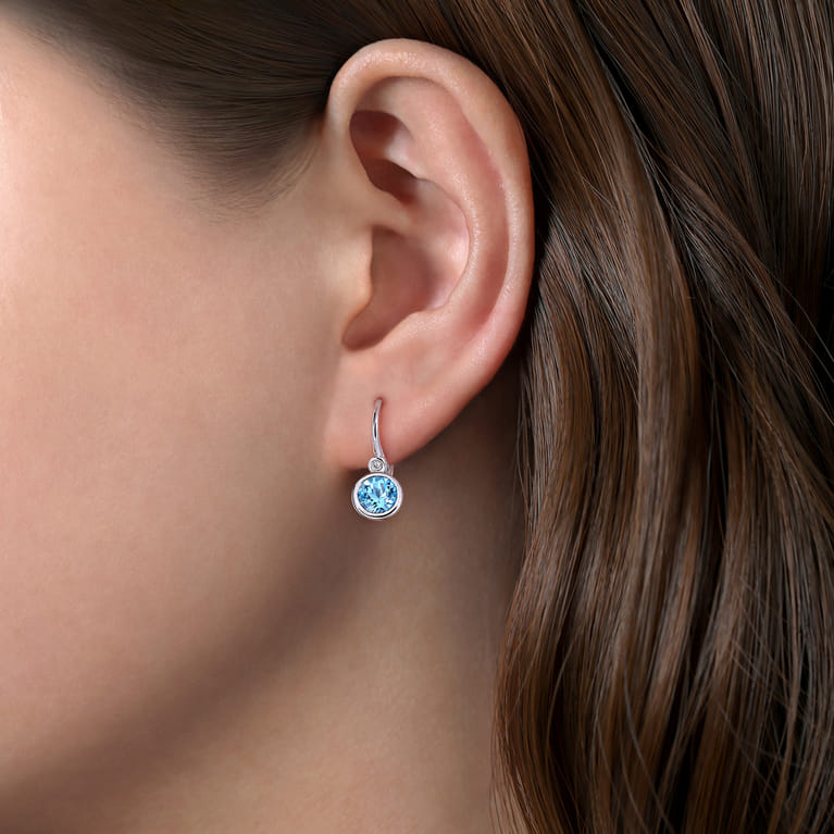 925 Sterling Silver Blue Topaz and Diamond Leverback Earrings - 0.04 ct - Shot 2
