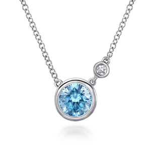 925 Sterling Silver Blue Topaz and Diamond Pendant Necklace